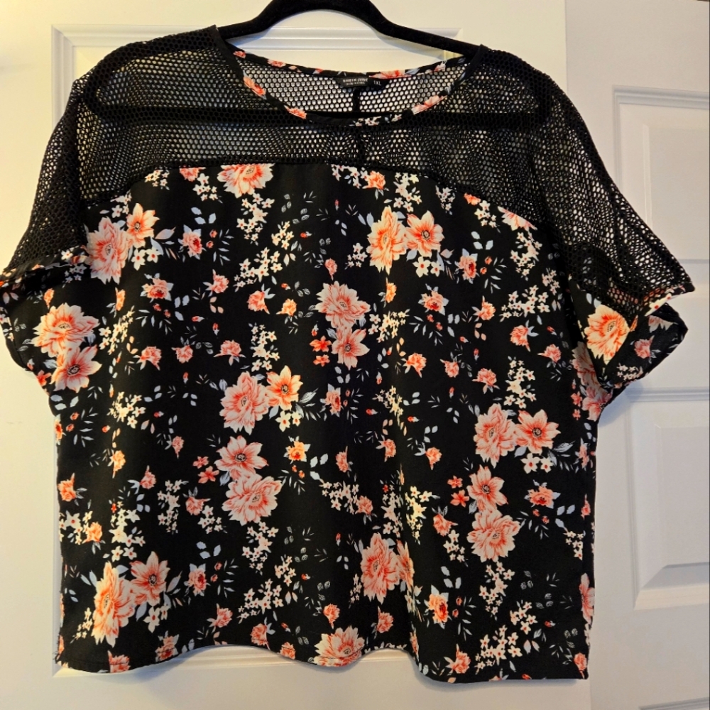 Floral Top with Mesh Shoulder